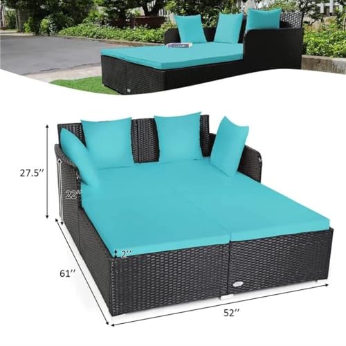 Image of BRISHI Outdoor /Pool Side /Garden /Balcony /Porch /Backyard /Terrace /Patio /Beach /Rectangular Sofa Sunbed Wicker and Rattan Daybed (Black /Blue)