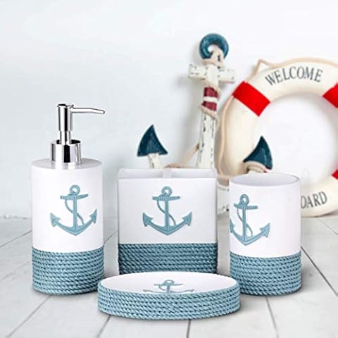 Tide and Tales Nautical Bathroom Decor 4 Piece Bathroom Accessories Set | Rope and Anchor Bathroom Decor with Ocean and Sea Theme | Coastal Bathroom Soap Dispenser Set | Beach Bathroom Decor Cover