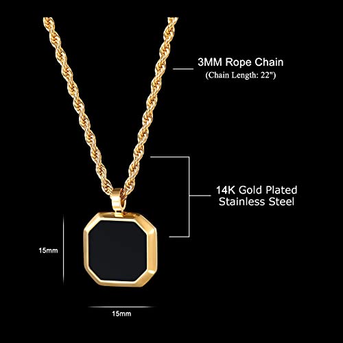 TRUMIUM Black Onyx Pendant Necklace for Mens Womens 14k Gold Plated Stainless Steel Necklace Square Rectangle Pendant Rope Chain 22inch3