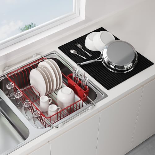Image of JASIWAY Red Dish Drying Rack in Sink with Mat, Cups and Utensil Holder