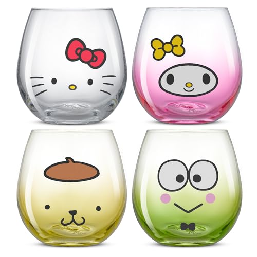 Image of JoyJolt Sanrio Hello Kitty & Friends Hello Sippy Drinking Glasses, 15 oz Stemless Glass Cups Set of 4 ft Hello Kitty Keroppi My Melody Pompompurin, Cute Glasses for Water, Juice, Kawaii Tumbler