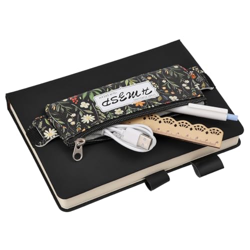 Image of Adjustable Elastic PU Pen Holder for Notebook, Stationery School Supplies Zipper Bag for Journals, Book,Planners,Black Flower,2 PCS