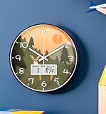 JENLYSTIME 12 Inch Wall Clock with Digital LCD Display Date,Day of Week,Temper,Non-Ticking Silent Battery Operated Quartz Analog. Sunlit,Mountains,Trees,Cute Deer of Dial,Decor for Kids Room(Black)