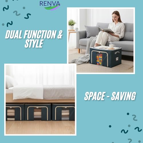 Image of RENVA 2 PCS polycotton Clothes Storage Organizer Bins, Foldable Storage Bins-Cloth Steel Frame Storage Box with Foldable Clear Window & Reinforced Handles (Blue, 66L-2)
