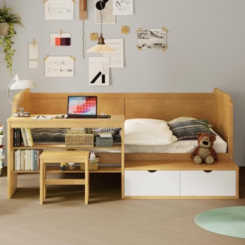 Bellemave Twin Size Daybed with Storage Shelves and Lockers, Multi-Functional Wooden Platform Bed with Desk and Matching Stool, Natural