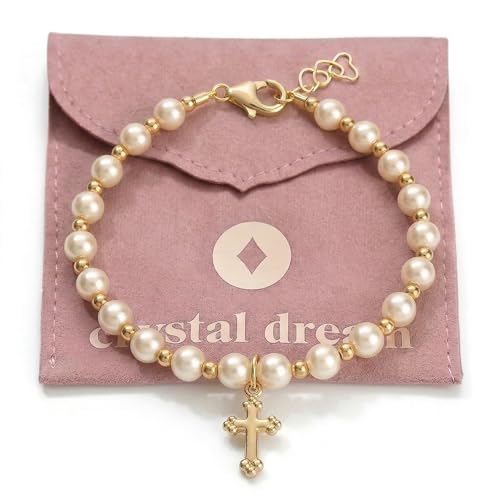Image of Crystal Dream Christening 14KT Gold-Filled Beads | Cream European Simulated Pearls | Cross Charm Luxury Baby Bracelet | Baptism Unisex Child Bracelet