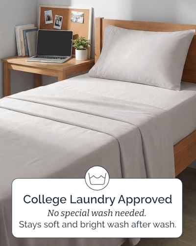 Image of Twin XL 4 Piece Sheet Set - College Dorm Room Essentials - Light Grey | Ultra Soft Dorm Bedding Set, 8 inch to 16 inch Inch Deep Pockets, 1 Flat & 1 Fitted Sheet & 2 Pillowcases, Wrinkle & Fade Free