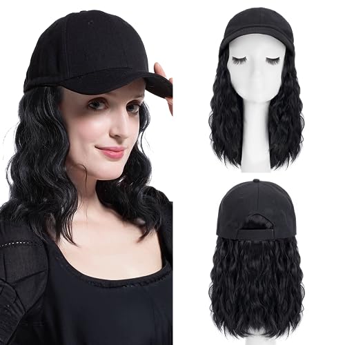 8 Inch Baseball Cap With Hair Extensions BOB Synthetic Hair With Attached Black Hat With One Piece Hair Extensions For Women