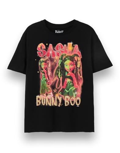 Bratz Sasha Camiseta para Mujer | Camiseta gráfica de Manga Corta Y2K Bling en Negro | Bunny Boo Classic Doll Chrome Ropa de Ajuste Relajado mercancía de Personaje de muñeca nostálgica
