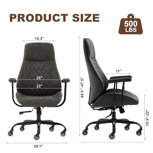 Image of E-Motie Leather Office Chair, Mid Century Modern Desk Chair, Dark Grey | Ergonomic, Lumbar Support, 360 Swivel & Rolling Wheels, Adjustable Height, for Adults & Women