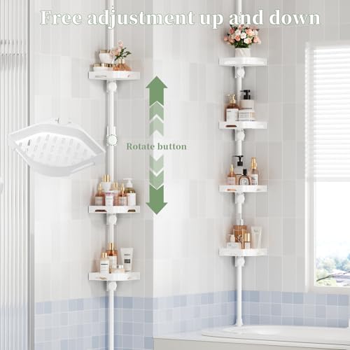 Image of akinbas Tension Pole Shower Caddy Organizer with 4 Tier L-Shaped Rust Resistant Bathroom Corner Shelves with 34-124 Inch Adjustable No Drilling Quick Install Shower Rack for Bath Essentials (White)