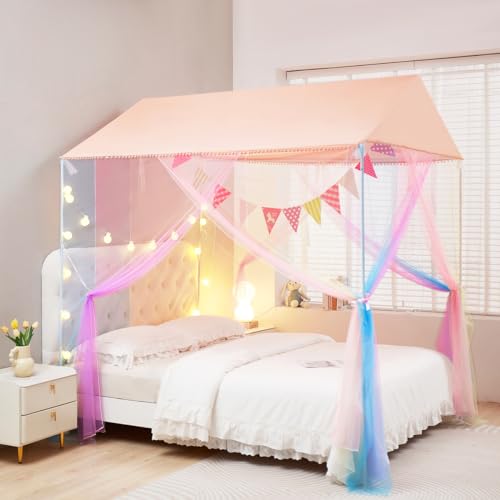Akiky Girls Bed Canopy Large Playhouse with Lights Pompom Princess Castle Indoor&Outdoor Play Tent for Kids-No Poles(Twin,Rainbow)