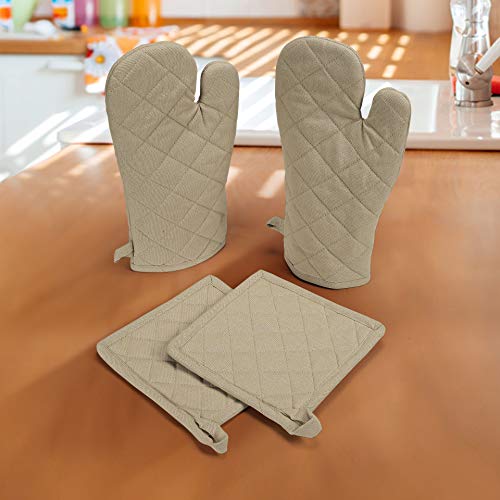 Native Fab Farmhouse Oven Mitts And Pot Holders Set Of 4, Heat Resistant Non-Slip Machine Washable, 100% Cotton Kitchen Pot Holders Oven Mitts Sets Beige #TOP2