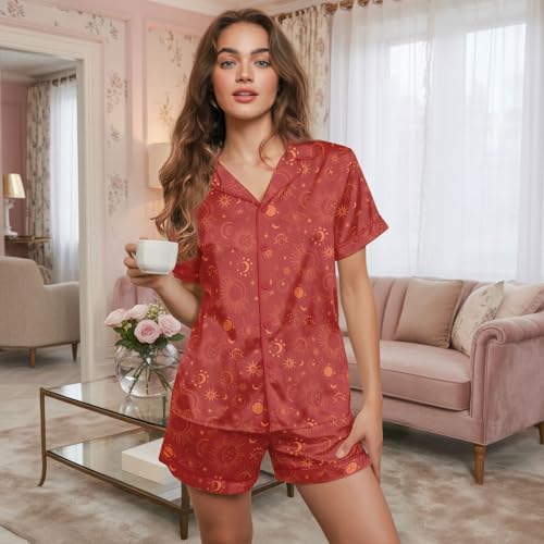 Image of Women's satin pajamas set, Short-sleeve button down Loungewear | Exclusive print on soft satin fabric; breathable comfort for sleep or lounge; button front top, elastic shorts; easy care