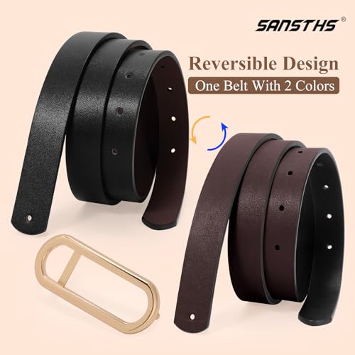 SANSTHS Reversible Belts for Women, Two-in-one Thin Waist Belt Women for Dresses Jeans Coats with Gold Buckle, Black+Coffee, M3