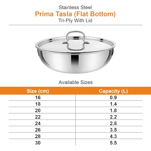 Image of Prabha Stainless Steel Prima Tasla with Flat Bottom, Included Lid, Tasla, 20cm, 1.8 L Capacity, Perfect for Kitchen Need, Induction and Gas Stove Compatible