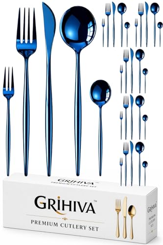 Image of 30 Pcs Blue Cutlery Set for Dining Table the Perfect Lightweight Silim Handle Tableware Including Dinner Spoon, Dinner Fork, Dinner Knife, Dessert Spoon & Dessert Fork