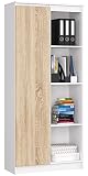 AKORD Bibliothèque de Bureau Rangement CLP | 80 cm 4 Étagères Externes 1 Porte sur Pied | Grand Meuble pour Salon | Panneau Stratifié 16mm | Couleur Blanc / Sonoma