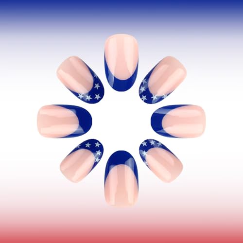 Image of Independence Day Press on Nails French Tip Fake Nails Short Almond False Nails with Star Design Glossy Glue on Nails Artificial Acrylic Full Cover Nude Stick on Nails for Women Girls Manicure 24Pcs