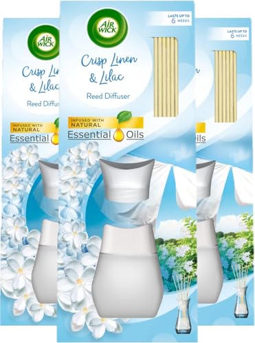 Air Wick Reed Diffuser Crisp Linen & Lilac 42ml Natural Essential Oils Long-Lasting Home Scent for up to 6 weeks Eco-Friendly Freshener Sustainable Recyclable Packaging - 3 Units