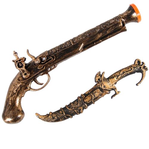 Lanxitown 2 Pcs Pirate Sword Toys and Gun Set Plastic Dagger with Sheath & Flintlock Pistol Prop Pirate Accessories for Kids & Adults Halloween Pirate Costume Accessories