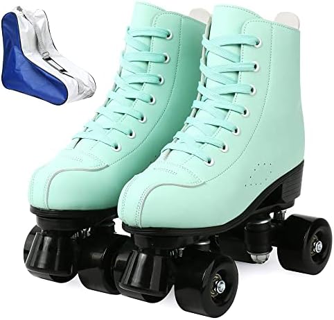 XUDREZ Roller Skates for Women Cozy Green PU Leather High-top Roller Skates for Beginner, Professional Indoor Outdoor Double-Row Roller Skates with Shoes Bag (Black Wheel,38)