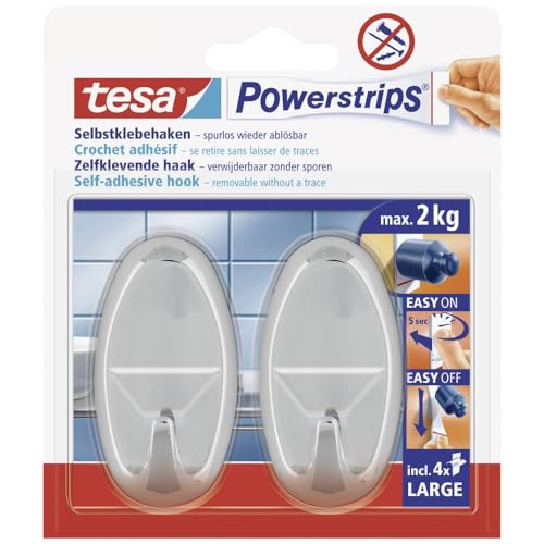 tesa Powerstrips Haken Large OVAL - Selbstklebender Wandhaken für Glas, Kacheln, Holz, Kunststoff und andere Untergründe - Chrom