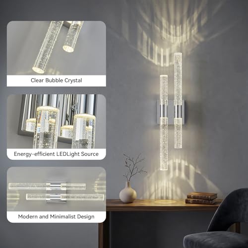 Image of Crystal Wall Sconces Set of Two Chrome Wall Sconce Hardwired LED Bathroom Vanity Light Fixtures 21.25in 4000K Vertical and Horizontal Wall Mounted Sconces for Bedroom, Living Room, Hallway
