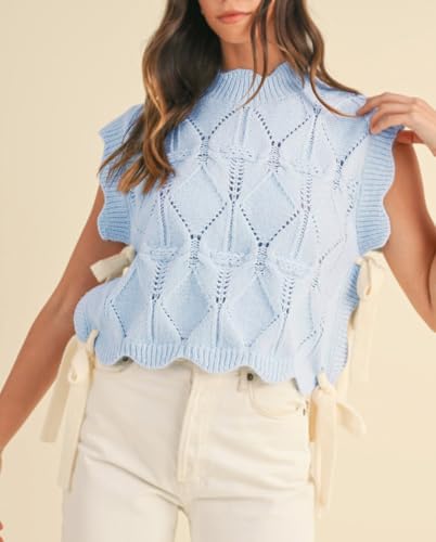 Image of Women Side Tie Sweater Vest Scallop Trim Mock Neck Knit Vest Bow Lace Up Ribbon Sweater Tank Top Knitwear