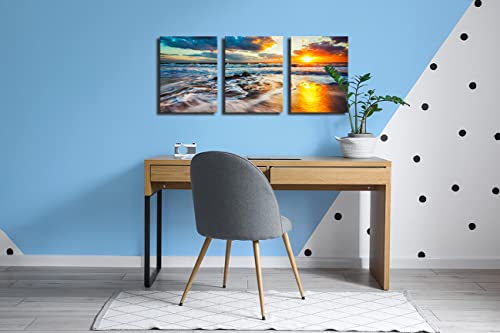Canvas Wall Art Beach Sunset Ocean Waves Nature Pictures Hd Prints 3 Pieces Stretched Canvas Wooden Framed Artwork For Living Room Bedroom And Office Living Room Wall Decor Size:12"X16"X3 #TOP3