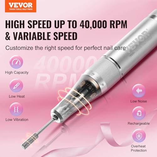 Image of VEVOR Electric Rechargeable Nail Drill, 40,000RPM Portable Cordless Nail E File Machine, LCD-Display Acrylic Gel Grinder Tool with 6 Bits and 50PCS Sanding Bands for Manicure Pedicure Carve Polish