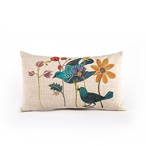 Niwota 8 kinds Fashion High quality Home decoration Cotton linen Printing pillow case Waist /Hug /Sofa Pillowcase cushion cover Office car pillow set（Colorful bird pattern） (style6)