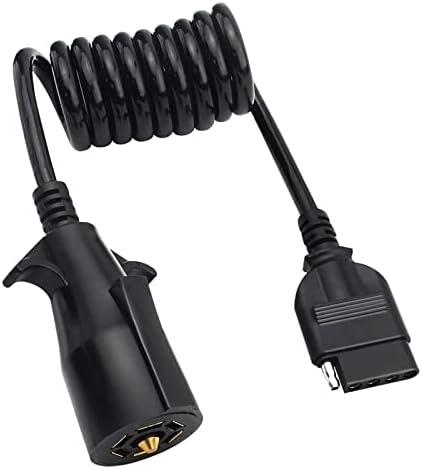 APEXEDC 7 Way Round to 5 Way Pin Flat Trailer Wire Coiled Wiring Harness Connector Adapter Plug & Play Trailer RV Blade Vehicle-Side Trailer Connector for Truck RV Trailer Full Length 5ft (60In)