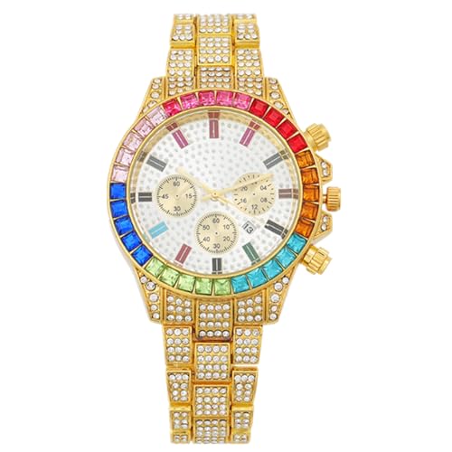 JOATVEE Reloj de diamante multicolor, cronógrafo con fecha, arco iris baguette 41 mm, esfera analógica, de cuarzo, para mujer, acero inoxidable, con diamantes de imitación, dorado, Pulsera