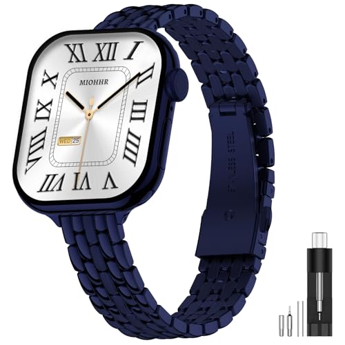 Image of Slim Metal Bands for Apple Watch 38mm 40mm 41mm 42mm(Series 11 /10) | Thin Shiny Stainless Steel Strap Bands for Women, Fit iWatch Series 11 10 9 8 7 6 5 4 3 2 1 SE3 SE2 SE, Dark Blue