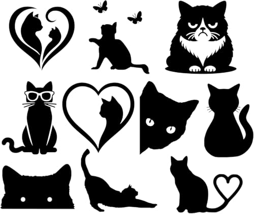 11 Cat Feline Pet Silhouette Cute Stickers - Waterproof Decals - Scrapbooking, Cars, Water Bottles, Laptops, Fun Gifts (Black, Extra Small Pack (5cm/2"))