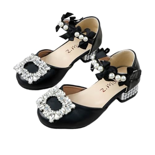 Girls Low Heels Glitter Rhinestone Princess Dress Shoes Bowknot Pearl Mary Jane Ballets Wedding Party