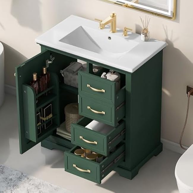 Modern 36 Bathroom Vanity with Sink, Wood Bathroom Vanities with 4 Drawers of Different Sizes, Soft-Closing Door, Open-Back Design, Metal Handles (White-39N)