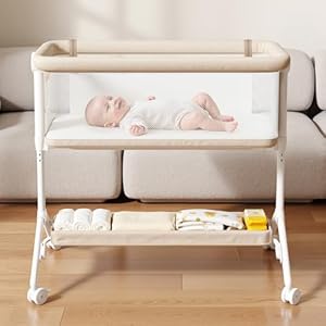 Bassinet Bedside Sleeper – All-Mesh Design, Portable Bedside Bassinet for Baby with Washable Mattress, 5 Adjustable Heights（Beige）
