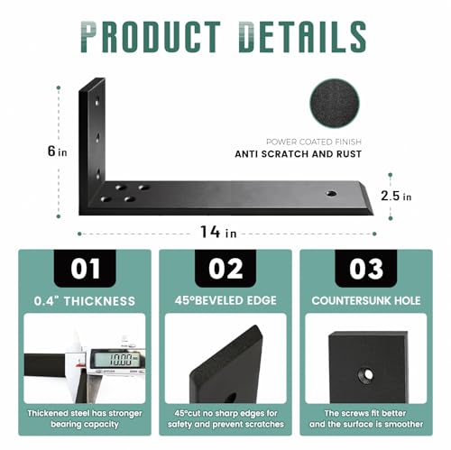 Countertop Support Brackets 3 Pack L Bracket Countertop Brackets 14" x 6" x 2.5" Heavy Duty 3/8" Thick Shelf Brackets Metal Corbels L Shape Bracket for Wood Shelf/Quartz/Granite/Concret Countertops by WINKER - Image 2