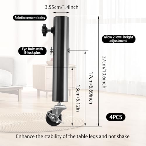 Domigard Table Leg Riser with Wheels, 4pcs Metal Table Leg Extender, Furniture Riser with Adjustable Screw Clamp for Sofa Table Chair Square/Round Suitable Diameter Less Than 1.4inch - Image 2