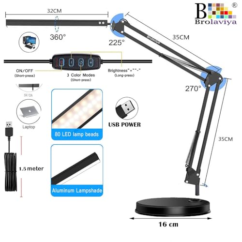 Image of BROLAVIYA Heavy Base LED Desk Lamp Light with Metal arm Table Lamp Stand, 3 Lighting Modes, 360 Degree Spin for Home Office, Desktop, Bedroom, Reading, Study lamp etc
