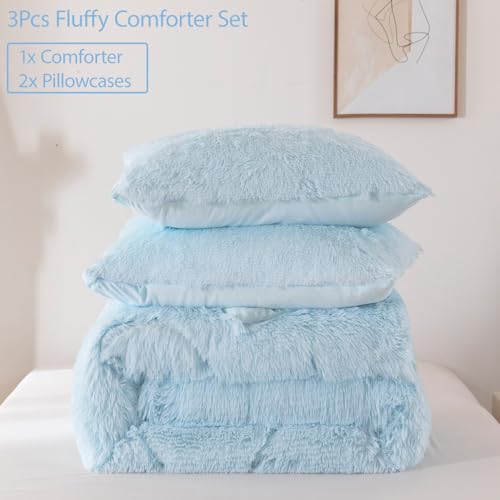 Image of Light Blue Fluffy Girls Comforter Set Twin Size 3 Pieces Faux Fur Plush Shaggy Bedding Set for Teen Girls Soft Warm Furry Velvet Kids Bed Sets (Light Blue, Twin)