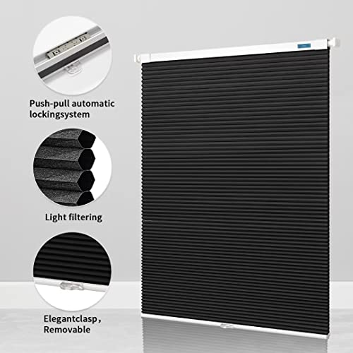 Dongluy No Drill Cellular Shades Cordless, Honeycomb Shade Pleated Blinds For Windows Room Darkening,Easy To Install，Privacy Protection, 35" W X 64" H, Dark Grey,100% Blackout #TOP5