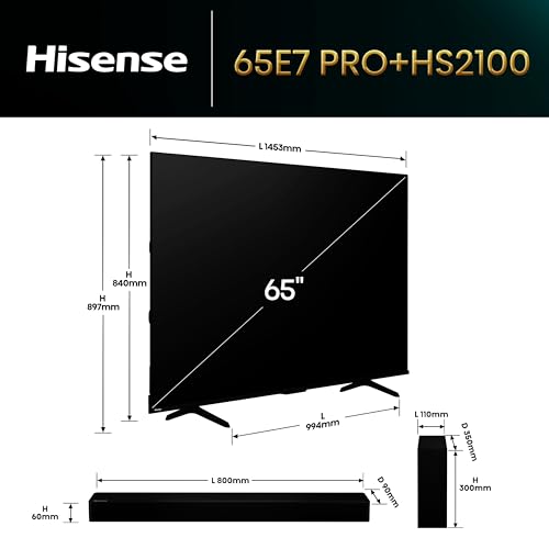Hisense Bundle of 65E7Q PRO Fehrnseher,65 Zoll, 4K UHD QLED, Smart TV + HS2100, 2.1 Kanal Soundbar, 240W max Audio Power,Dolby Audio, DTS Virtual:X, Ultra-Slim Wireless subwoofer, TV Mode, EzPlay