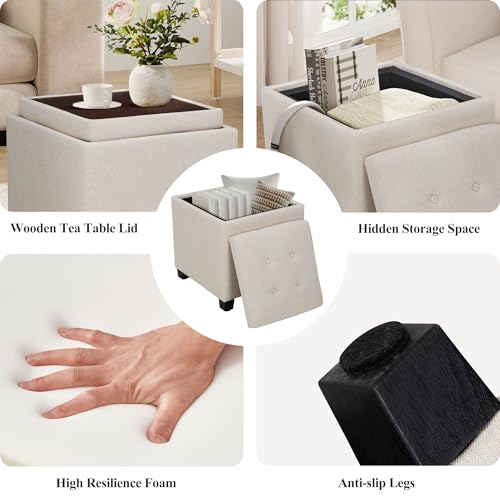 COLAMY Fabric Square Storage Ottoman with Reversible Tray Lid – Multi-Functional Footrest, Hidden Storage, Sturdy & Stylish Small Coffee Table for Living Room, Bedroom, or Entryway(Beige)