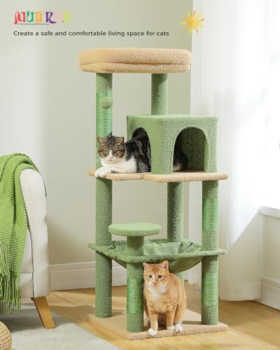 Image of MUTTROS Cactus Cat Tree for Indoor Cats, 45.7 inch Multi-Level Cat Tower with Large Metal Frame Hammock, Cat Condo with 4 Scratching Posts and Top Perch, Green