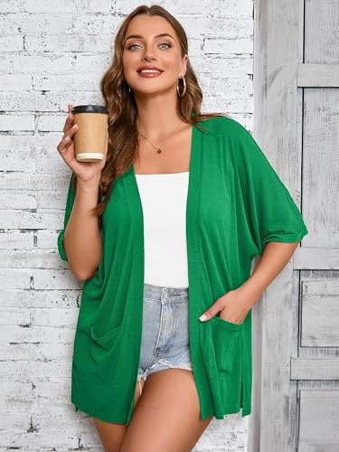 Image of AusLook Plus Size Cardigan for Women Short Sleeve Lightweight Open Front Shrug with Pockets for Dresses and Layering 1X-5X