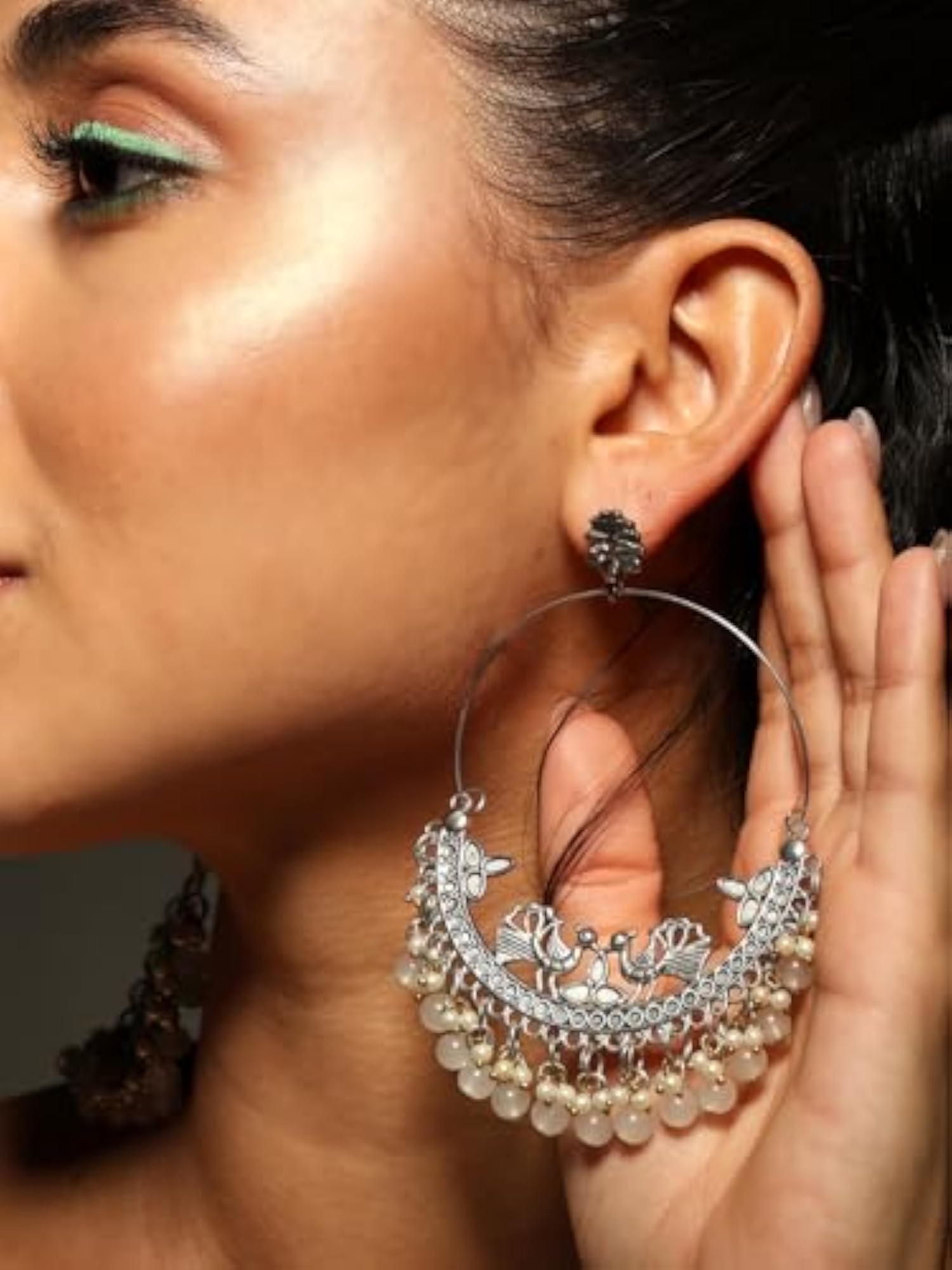 Silver Plated Oxidised Chandbali Earrings, Traditional Design