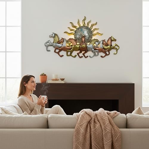 Image of iHandikart 7 Running Horses with Sunrise Wall scultpure | Metal Wall Art | Large Vastu Horses Wall Decor for Living Room | Modern 3D Metal Wall Art for Home, Office & Hall | Multicolor Horse Wall Art